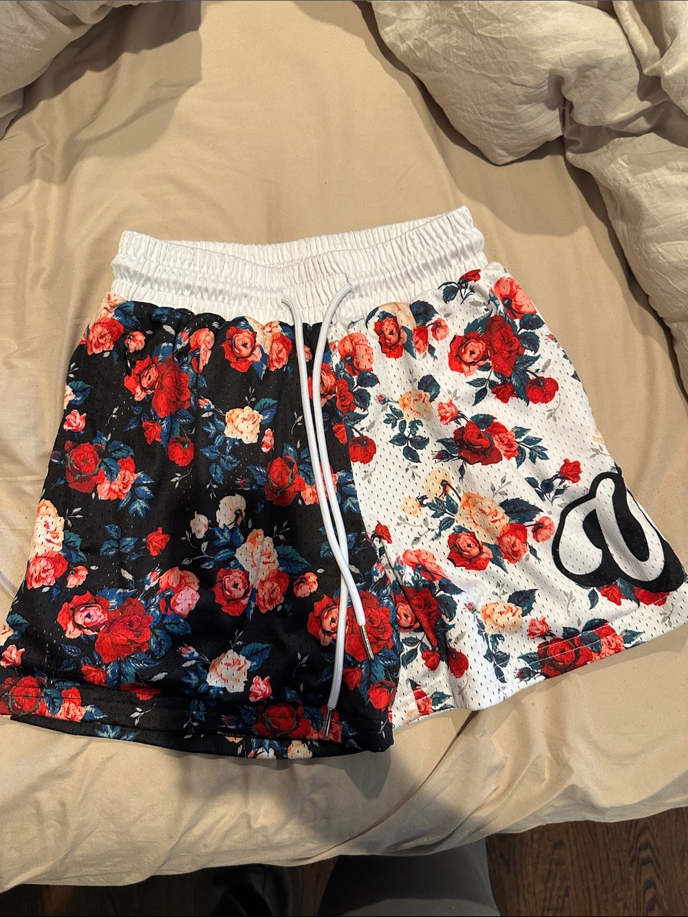Hoop Culture Floral Split-Panel Athletic Shorts in Red & White